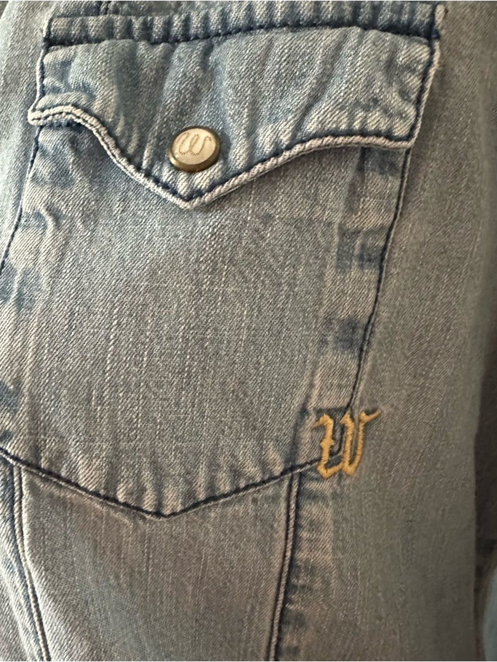 Wrangler denim shirt with cream lace pearl snap long sleeve button up women M - Picture 11 of 11
